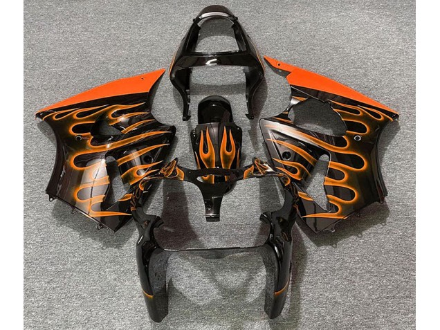 Shop Gloss Black & Orange Flame Kawasaki ZX6R Motorcycle Fairings 00-02 Shop Gloss Black & Orange Flame Kawasaki ZX6R Motorcycle Fairings 00-02
