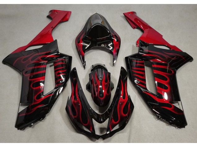 Shop Gloss Black & Red Flame Kawasaki ZX6R Motorcycle Fairings 07-08 Shop Gloss Black & Red Flame Kawasaki ZX6R Motorcycle Fairings 07-08