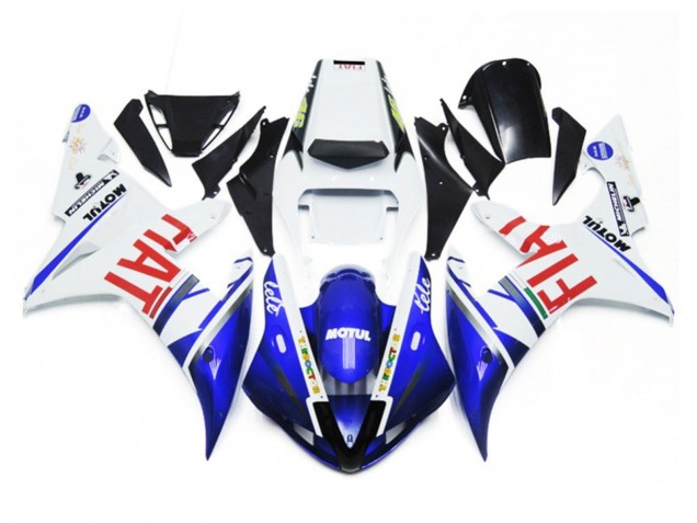 Shop Gloss white and Blue Fiat Yamaha R1 Motorcycle Fairings 02-03 Shop Gloss white and Blue Fiat Yamaha R1 Motorcycle Fairings 02-03