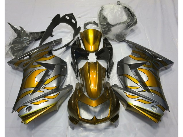 Shop Gold and Silver Flame Kawasaki Ninja Motorcycle Fairings 250 Motorcycle Fairings 08-13 Shop Gold and Silver Flame Kawasaki Ninja Motorcycle Fairings 250 Motorcycle Fairings 08-13