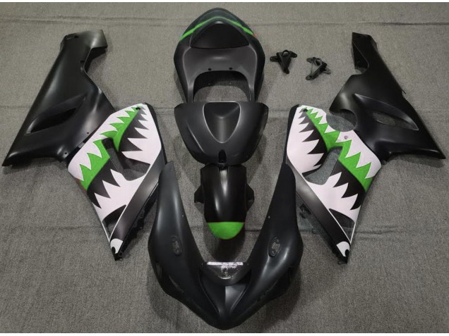 Shop Matte Black and Green Shark Kawasaki ZX6R Motorcycle Fairings 05-06 Shop Matte Black and Green Shark Kawasaki ZX6R Motorcycle Fairings 05-06
