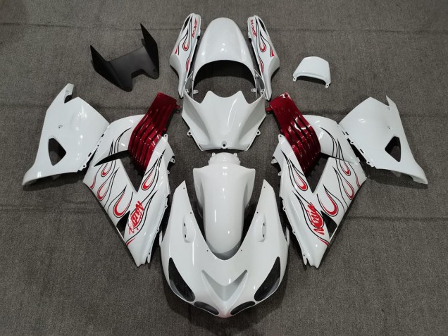 Shop White Red Flame Kawasaki ZX14R Motorcycle Fairings 06-11 Shop White Red Flame Kawasaki ZX14R Motorcycle Fairings 06-11